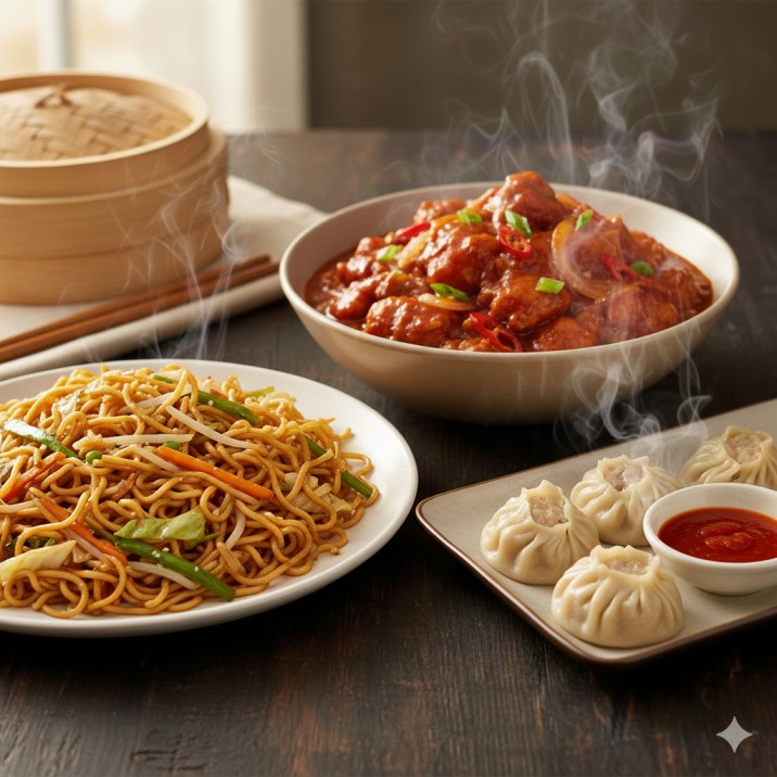 Veg Noodles and Chilli Chicken Gravy and Chicken Momos